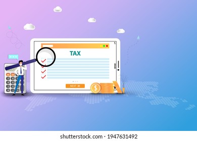 Business concept of online tax, businessman wear a medical face mask and hold a big magnifier to focus on the screen of tablet to check the list of tax and calculate for this physical year.