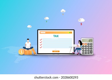 Business concept of online tax, businessman and woman wear a medical face mask and working on laptop to check the list of tax and calculate for this physical year.