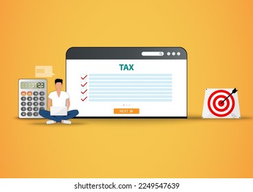 Business concept of online tax, business man is working on his laptop to check the list of tax and calculate for this physical year in a background of a big screen of web browser.