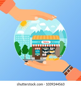 Business concept for opening the institution of bakery store. A woman is holding a glass ball with his hands
