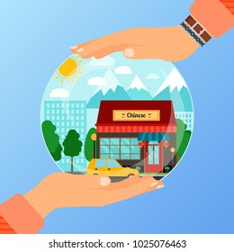 Business concept for opening the institution of chinese restaurant. A woman is holding a glass ball with her hands, vector illustration