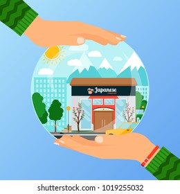 Business concept for opening the institution of japanese restaurant. A woman is holding a glass ball with her hands, vector illustration