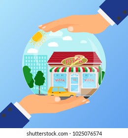 Business concept for opening the institution of pizza restaurant. A businessman is holding a glass ball with his hands, vector illustration