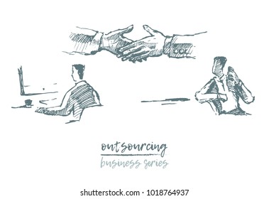 Business concept, outsourcing, handshake of two businessmen, located far away from each other, vector illustration, sketch