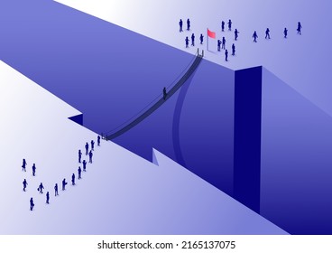 Business concept of overcoming adversity and challenges. Man crossing a valley on a hanging bridge that connects two surfaces. Isometric illustration of a group of people from bird's eye view.