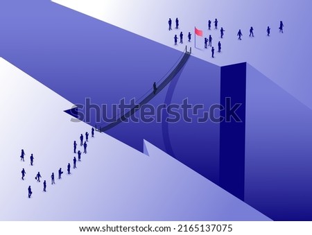 Business concept of overcoming adversity and challenges. Man crossing a valley on a hanging bridge that connects two surfaces. Isometric illustration of a group of people from bird's eye view.