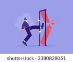 Business concept of overcoming obstacles, businessman kicks the door until door shattered, man kicking locked door and destroy