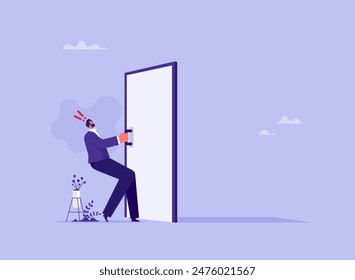 Business concept of overcoming obstacles or career success concept, businessman pulling closed door knob with power