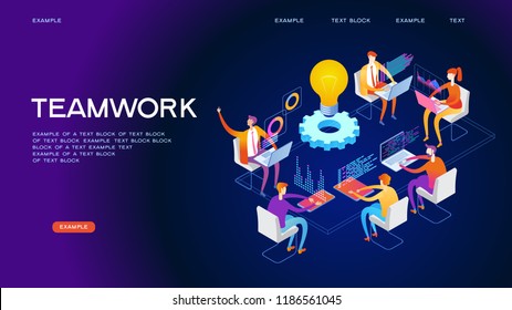 Business; concept. Page template of teamwork. Modern 3d isometric vector illustration of web page.  Design concept.