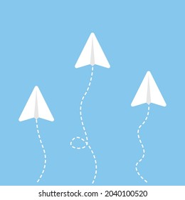 Business concept. paper airplane flying changing direction on blue sky of business teamwork and one different vision. Leader, New idea, boss, manager, winner concept, trend. Vector illustration
