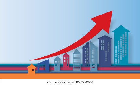 Business concept of paper art style.Cityscape building with arrows shape look like growing graph and charts.Vector illustration.
