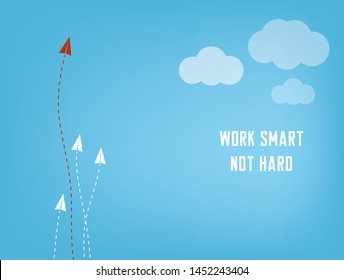 Business concept paper planes competition with dashed lines - "Work smart not hard" infographic elements. Make the right decision and choose the right path to be the best.