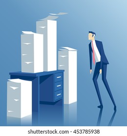 business concept paper work, a tired businessman looking at the office desk with stacks of paper, tired employee looks at the pile of papers on his table