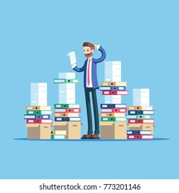 Business concept paperwork and overworked flat vector illustration. Confused businessman trying to make out with a lot of paperwork. Office worker standing between big piles of documents and folders
