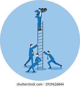 Business concept of partnership, teamwork, fight together and team back up. Businessman use binoculars looking for a business opportunity on the highest ladder. Supporting by colleagues office people.
