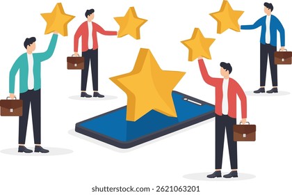business concept, people carry rating stars to a smartphone with a big star, app and customer rating

