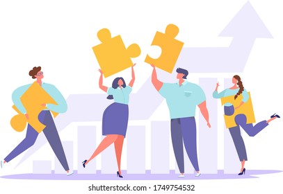 Business concept. People connect puzzle elements. Teamwork brings results, the schedule tends to the top. Flat vector illustration.