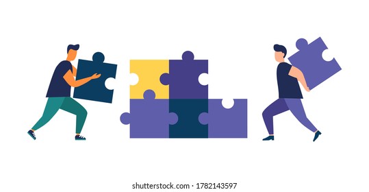 Business concept. People connect puzzle pieces. Team metaphor. Vector flat style symbol of teamwork, cooperation, partnership. isolated background eps 10