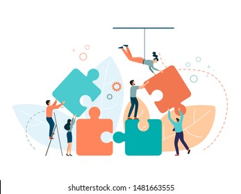 Business concept. People connecting puzzle elements. Symbol of teamwork, partnership, cooperation. Vector isolate on a white background in trend color.