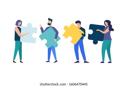 Business concept People connecting puzzle elements. Team metaphor. Vector illustration flat style Symbol of teamwork, cooperation, partnership. isolated background eps 10.