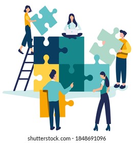 Business concept. People connecting puzzle elements. Team metaphor. Vector illustration flat design style. Symbol of teamwork, cooperation, partnership vector. 

