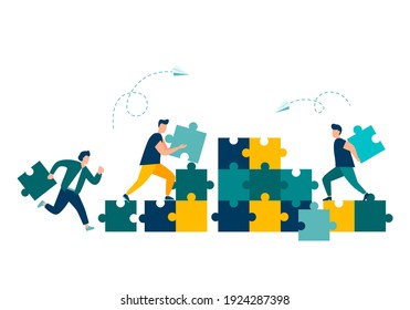 Business concept, people connecting puzzle pieces. Symbol of teamwork, cooperation, partnership. Vector isolated background. eps 10.