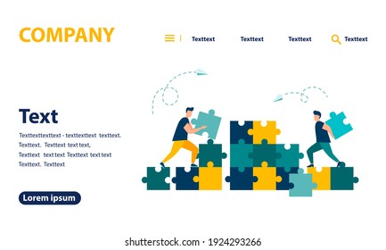 Business concept, people connecting puzzle pieces. Symbol of teamwork, cooperation, partnership. Vector isolated background. eps 10. web banner, mobile website, Landing Page Template.