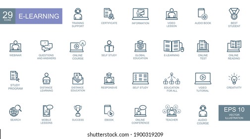 Business concept, business people, E-LEARNING. Thin line web icons set. Vector illustration