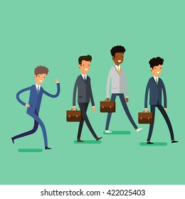 Business concept. People follow the leader with phone. Flat design, vector illustration.