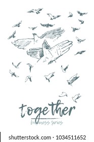 Business concept, people hold hands in a spirit of togetherness, vector illustration, hand drawn, sketch