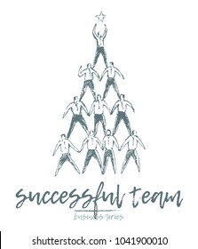 Business concept, people hold hands in a spirit of togetherness, team up in a pyramid. Success, teamwork, cooperation, winning. Vector illustration, sketch