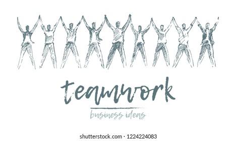 Business concept, people hold hands in a spirit of togetherness, vector illustration, hand drawn, sketch