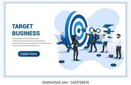 Business concept. People holding a rocket aimed at the target board for reach target business. Hit the target, goal achievement, leadership, partnership. Flat vector illustration