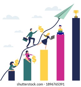 Business concept of people running to their goals along a row of towering columns. Business, money and profit. goal achievement, vector illustration on a white background
