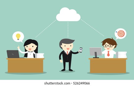 Business concept, business people share idea and target via cloud computing. Vector illustration.