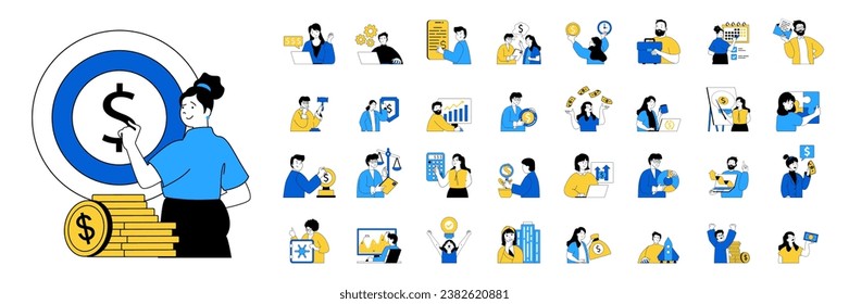 Business concept with people situations mega set in flat web design. Bundle scenes of investment, teamwork, success strategy, other. Vector illustrations for social media banner, marketing material.