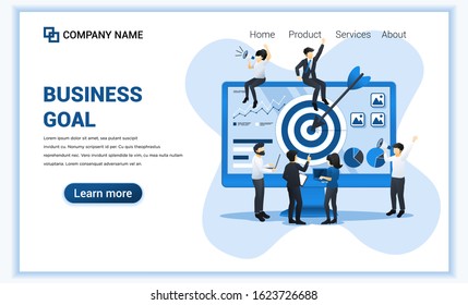 Business concept. People working together on screen. target with an arrow for reach the target business. Can used for web banner, infographics, landing page. Flat vector illustration