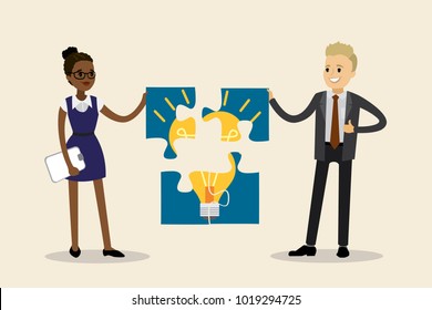 Business concept with piece of the puzzle.Business people different races with idea puzzle,teamwork, flat Vector illustration