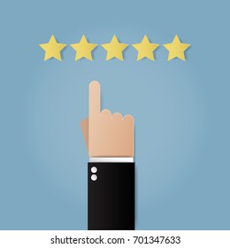 Business concept of Pointing hand and five stars. Customer reviews, rating, user feedback concept. paper art and craft style.