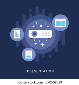 Business Concept. Presentation. Vector Illustration in Flat Design Style. Projector with Document and Infographics Icons
