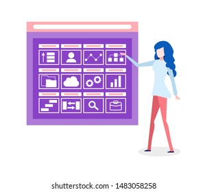 Business concept presentation, woman with screen and icons. Charts and profile of user, gear cogwheels and clouds, infocharts and briefcase. Vector illustration in flat cartoon style