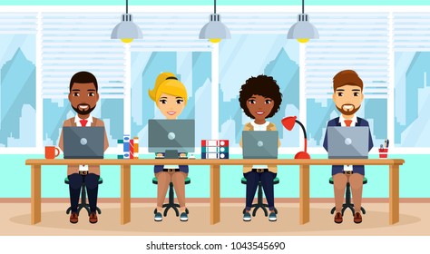 Business concept. A professional team at work. Working place in the office. Ethnically different. Business and Finance. In flat style. Cartoon.