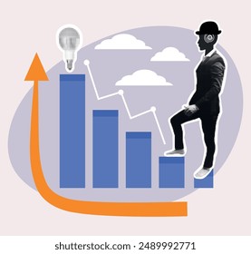 Business concept. Professionalism. A man in a suit with a robot's face climbs the corporate ladder. Halftone.  Idea. Light bulb. Success. Vector illustration. Isolated. Flat style. Character