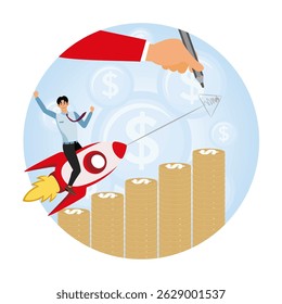 Business concept profitable investment. A rocket, symbolizing success, and a businessman sitting on the rocket celebrating financial and economic gains of a booming business.