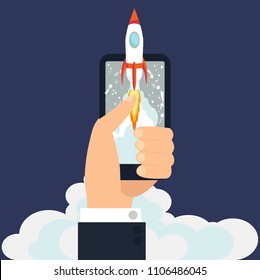 Business concept for project startup phone. Rocket launch design vector design