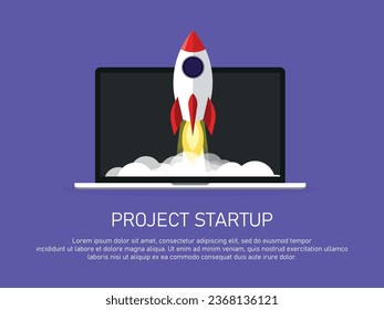 Business concept for project startup. Rocket launch. Rocket launch vector ship begin challenge startup. Start project rocket launch flat concept. Landing page. Mobile app, web banner.