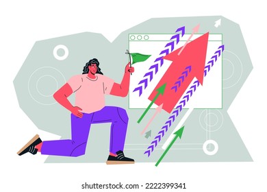 Business concept of promotion and development strategy, flat cartoon vector illustration isolated on white background. Achievement of the planned goals of career and financial growth.