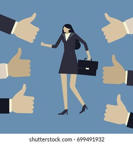 Business concept of proud businesswoman with many thumbs up .