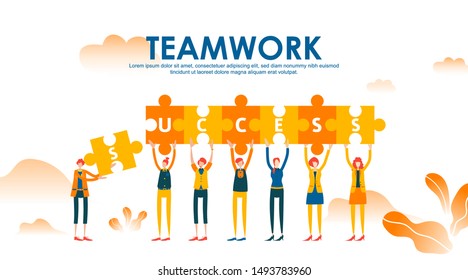 Business concept with puzzle. Teamwork metaphor. Little people raise their hand holding jigsaw to connect each with success text. Symbol of financial, cooperation, collaboration, partnership. - Vector
