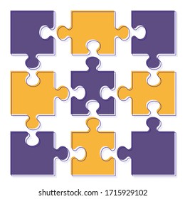 Business concept puzzles. Nine yellow and violet pieces with halftone shadow and outline. Flat vector cartoon illustration. Objects isolated on a white background.